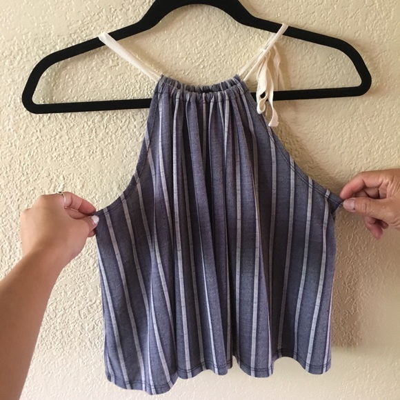 Vici Tops - Striped Blue Linen Tie Halter Neck Crop Top Vici Tops - Striped Blue Linen Tie Halter Neck Crop Top